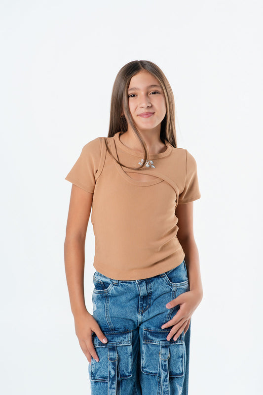 Blusa teen rib cruzada con abertura
