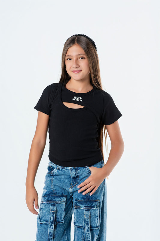 Blusa teen rib cruzada con abertura
