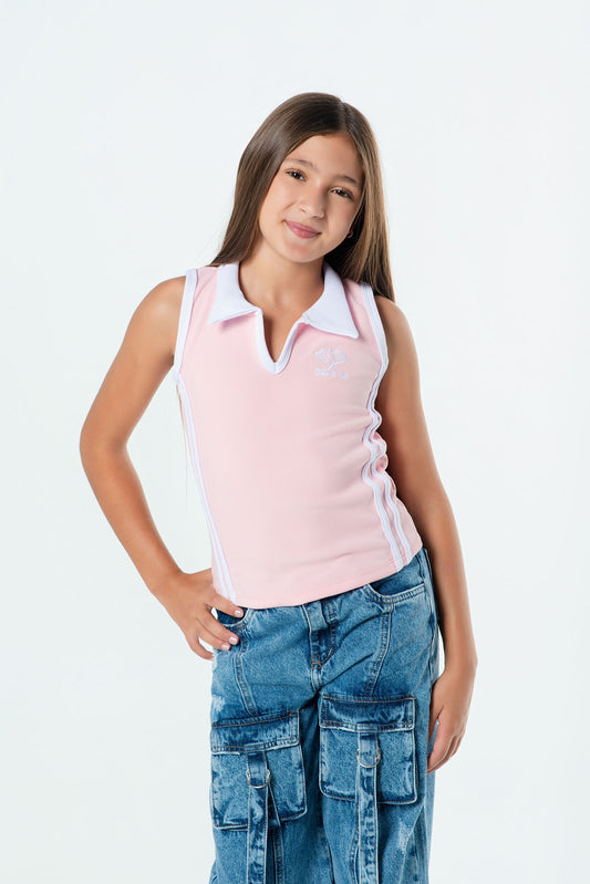 Blusa teens con cuello polo sin mangas