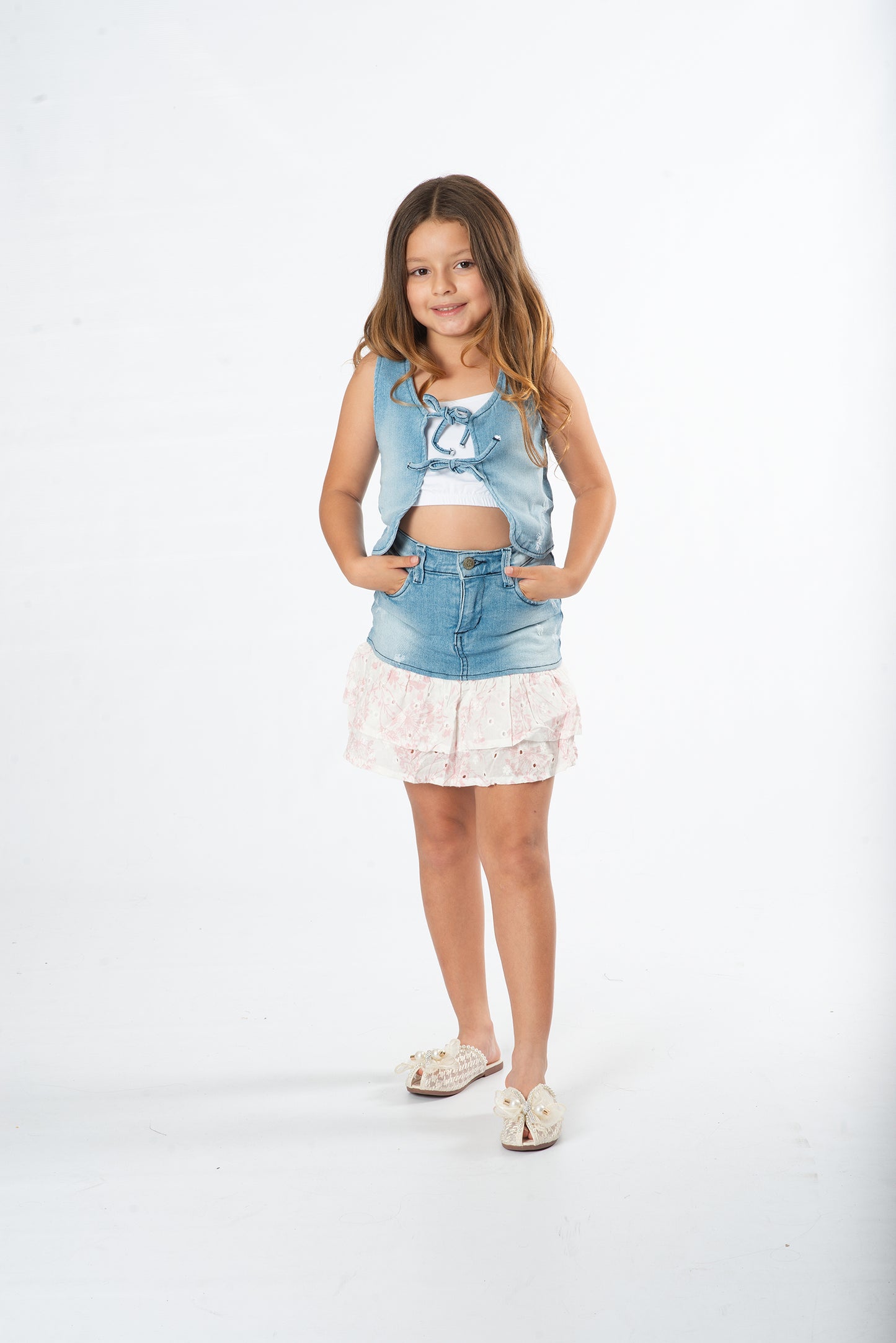 Conjunto falda con boleros niña denim + top
