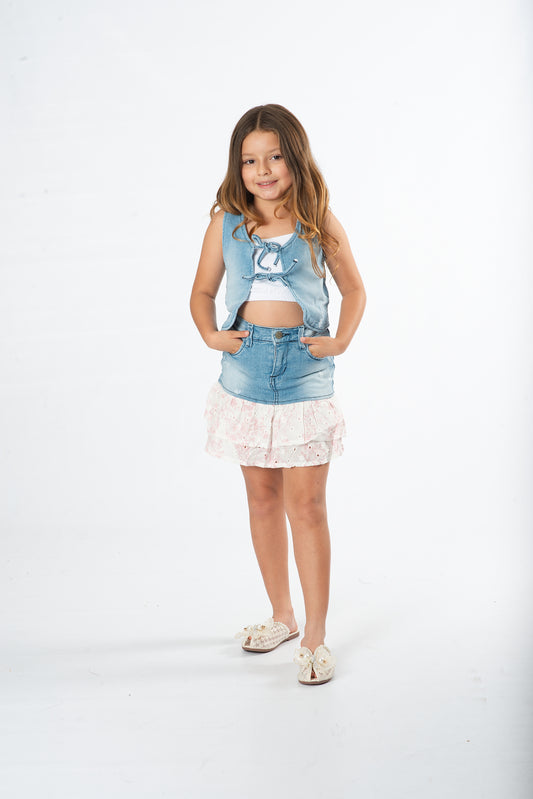 Conjunto falda con boleros niña denim + top