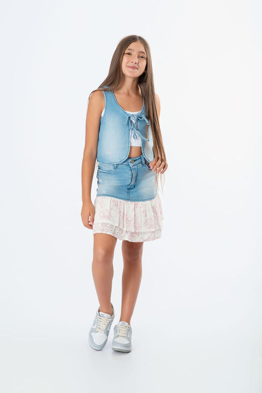 Conjunto falda con boleros niña denim + top