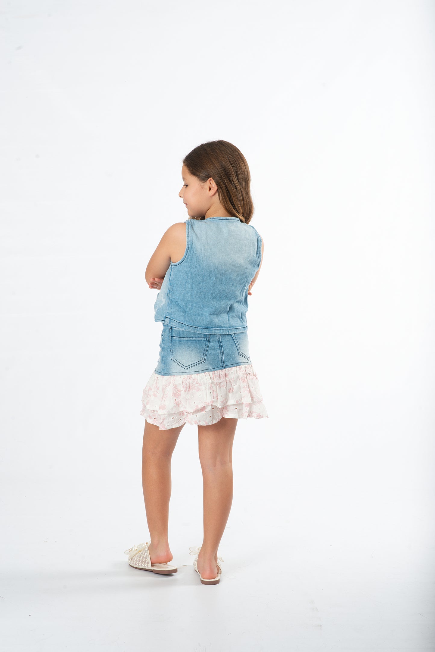 Conjunto falda con boleros niña denim + top