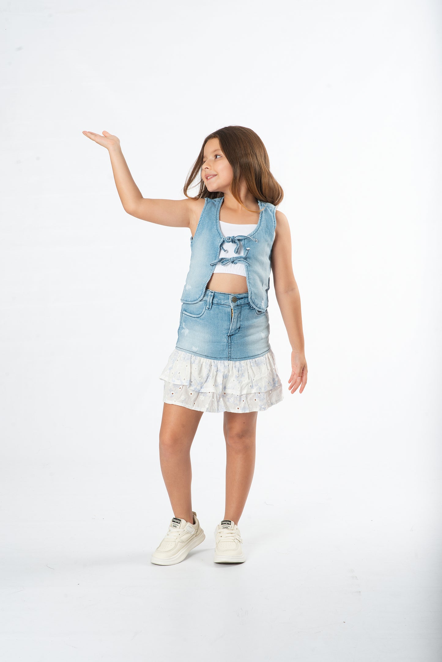Conjunto falda con boleros niña denim + top