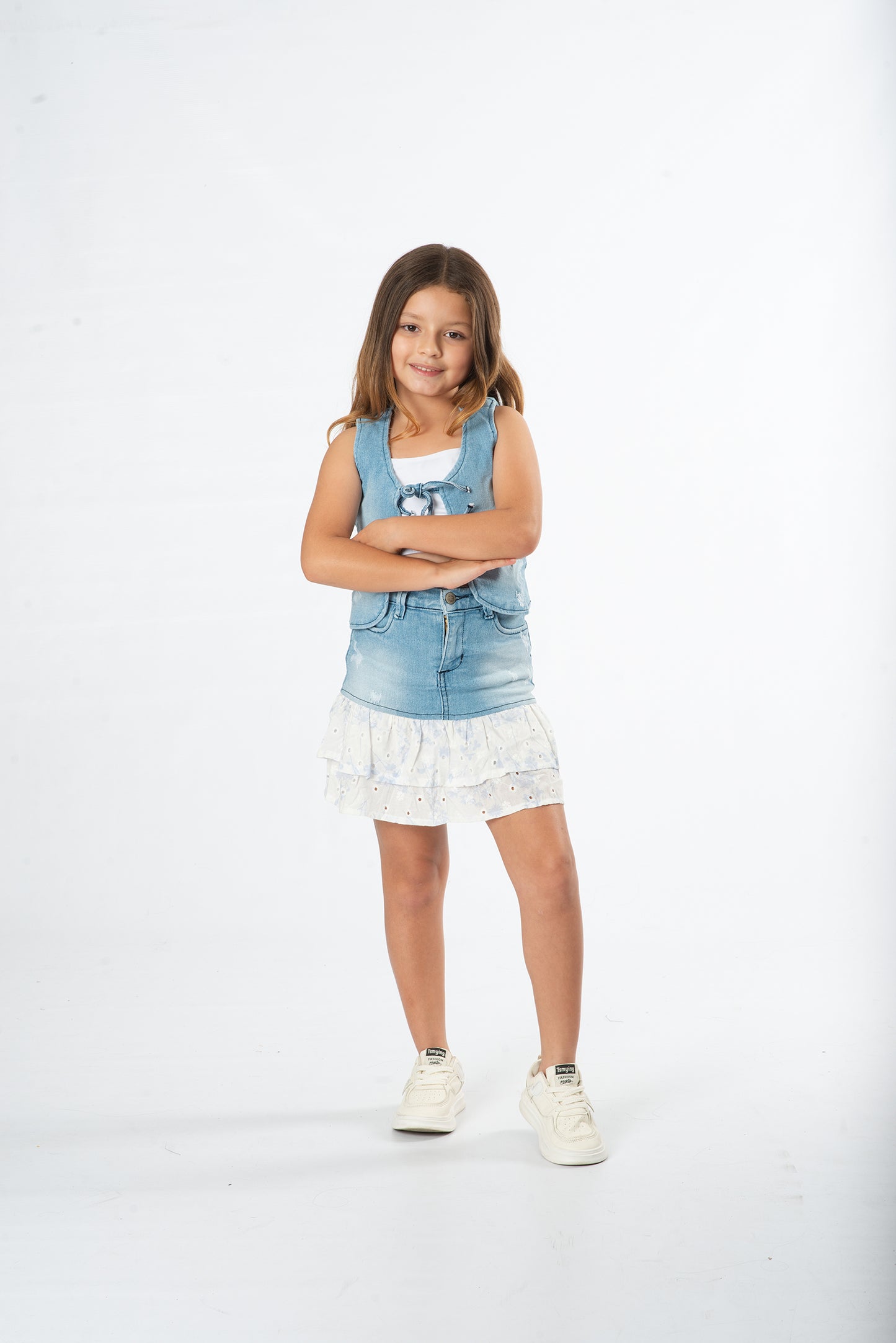 Conjunto falda con boleros niña denim + top