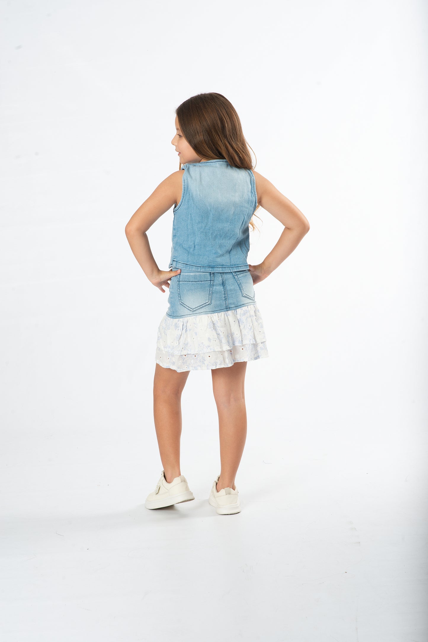 Conjunto falda con boleros niña denim + top