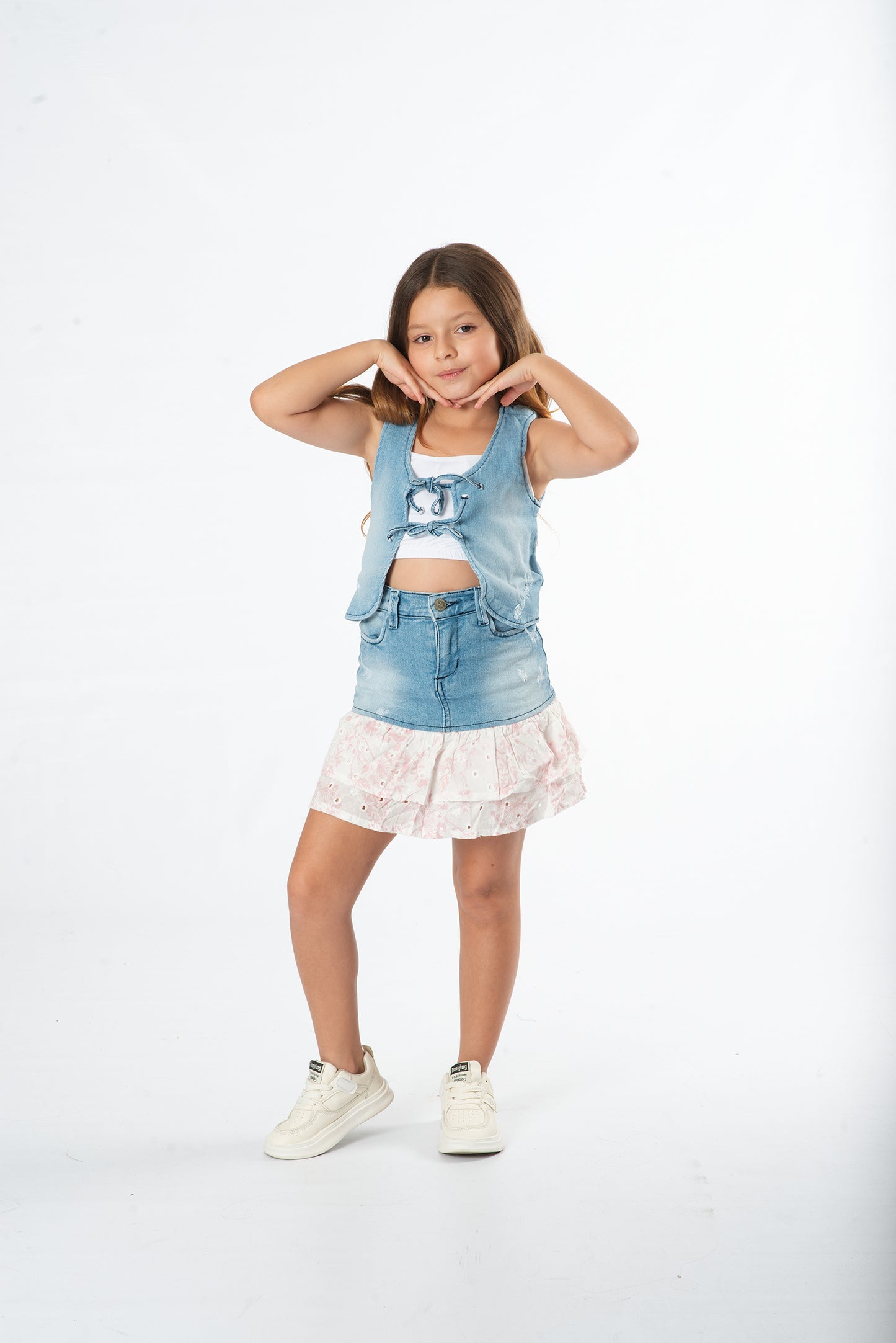 Conjunto falda con boleros niña denim + top