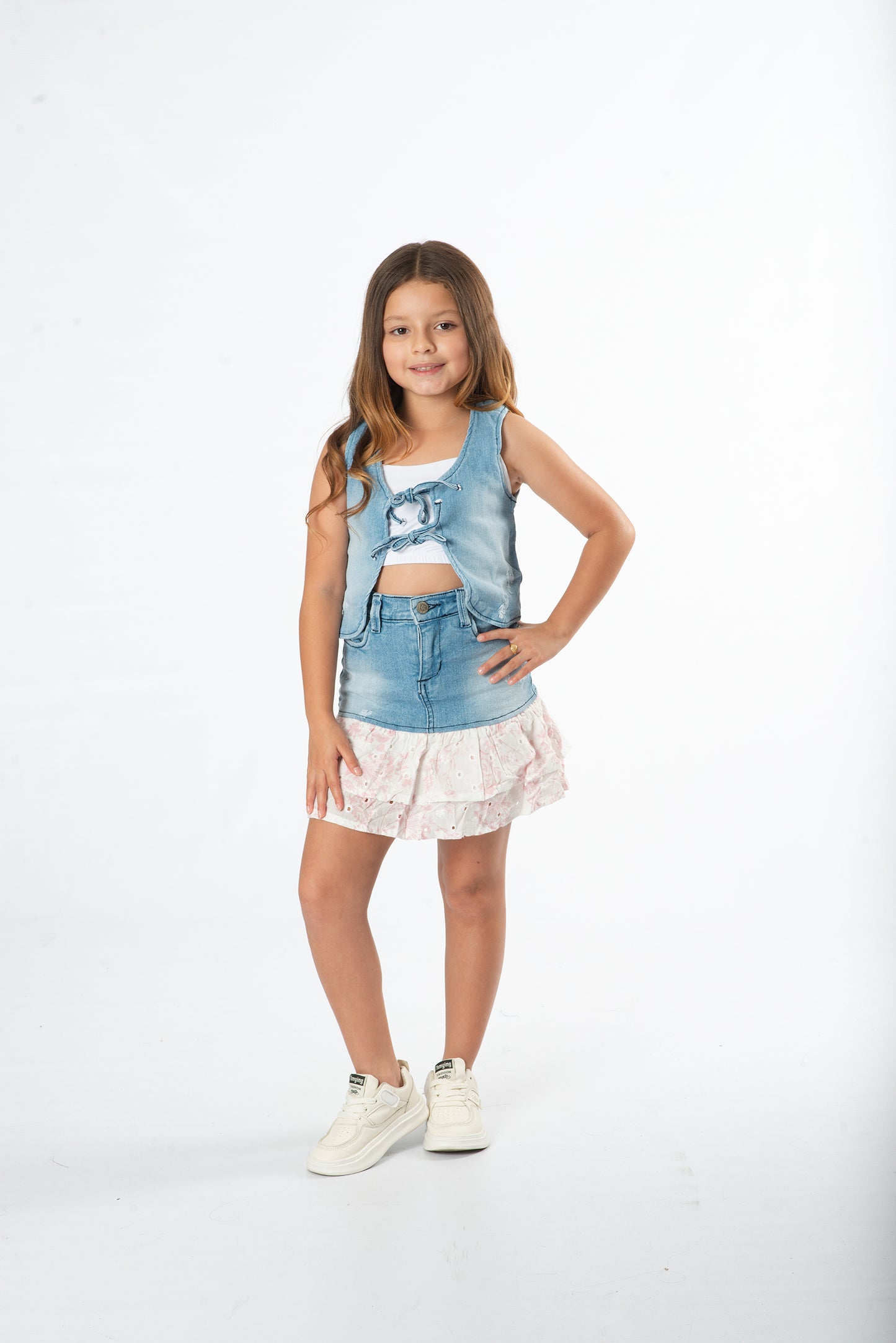 Conjunto falda con boleros niña denim + top