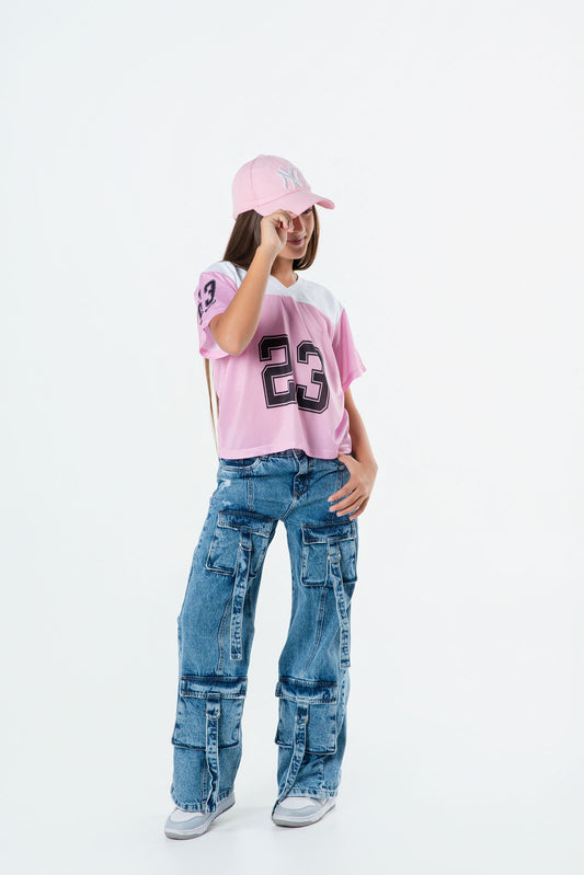 Conjunto jeans cargo niña con camiseta #23