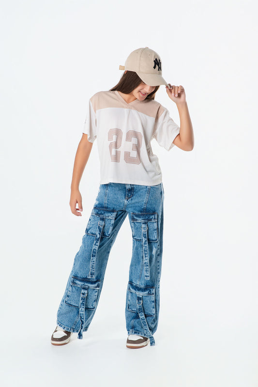 Conjunto jeans cargo niña con camiseta #23