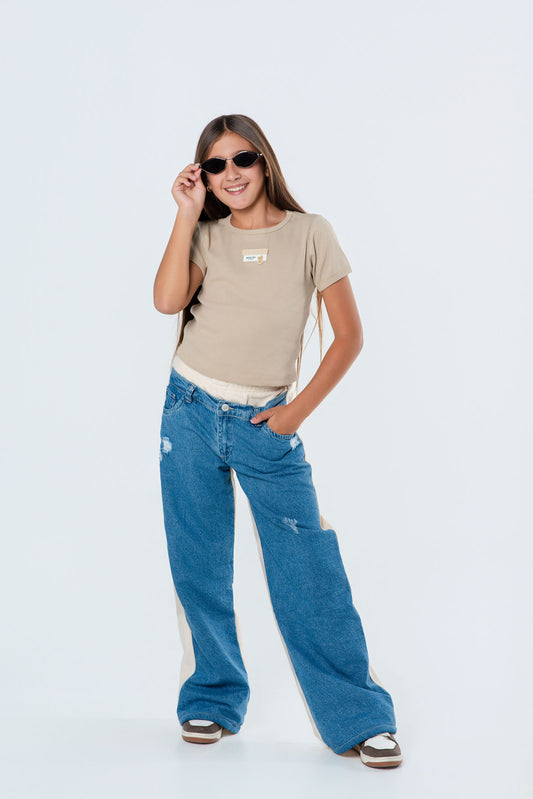 Conjunto jeans con burda niña y camiseta rib