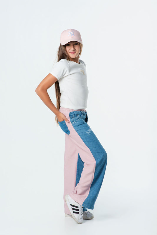 Conjunto jeans con burda niña y camiseta rib
