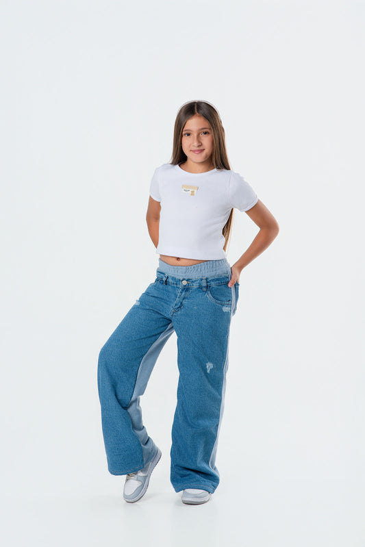 Conjunto jeans con burda niña y camiseta rib