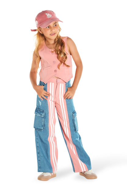 Conjunto Teen Chaleco Rosa + Jean Cargo