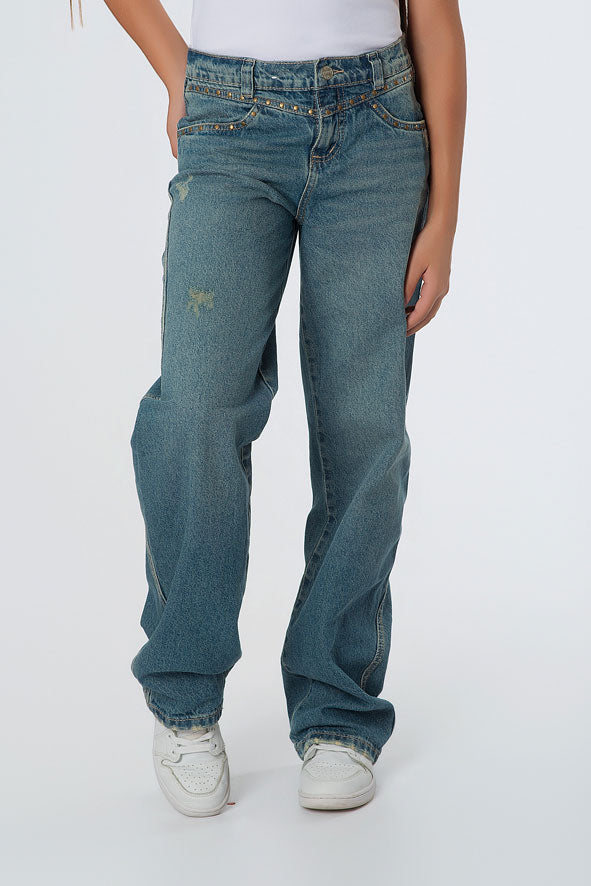 Jeans Teens Curva en Costado Azul Denim Rigido