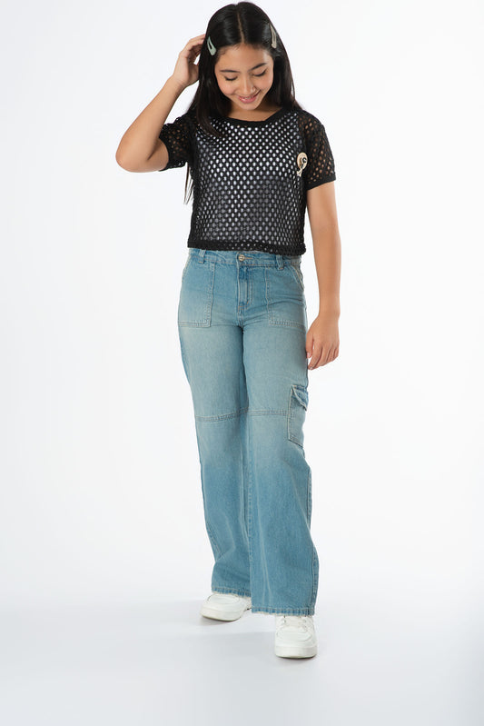 Conjunto blusa maya crochet con jean cargo dirty