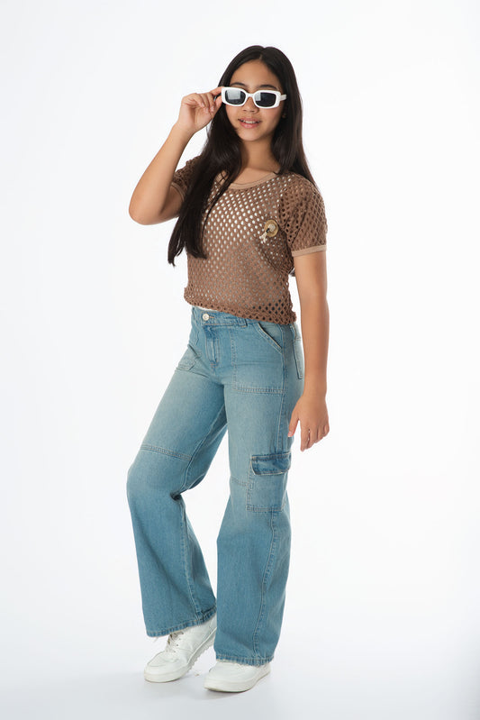 Conjunto blusa maya crochet con jean cargo dirty