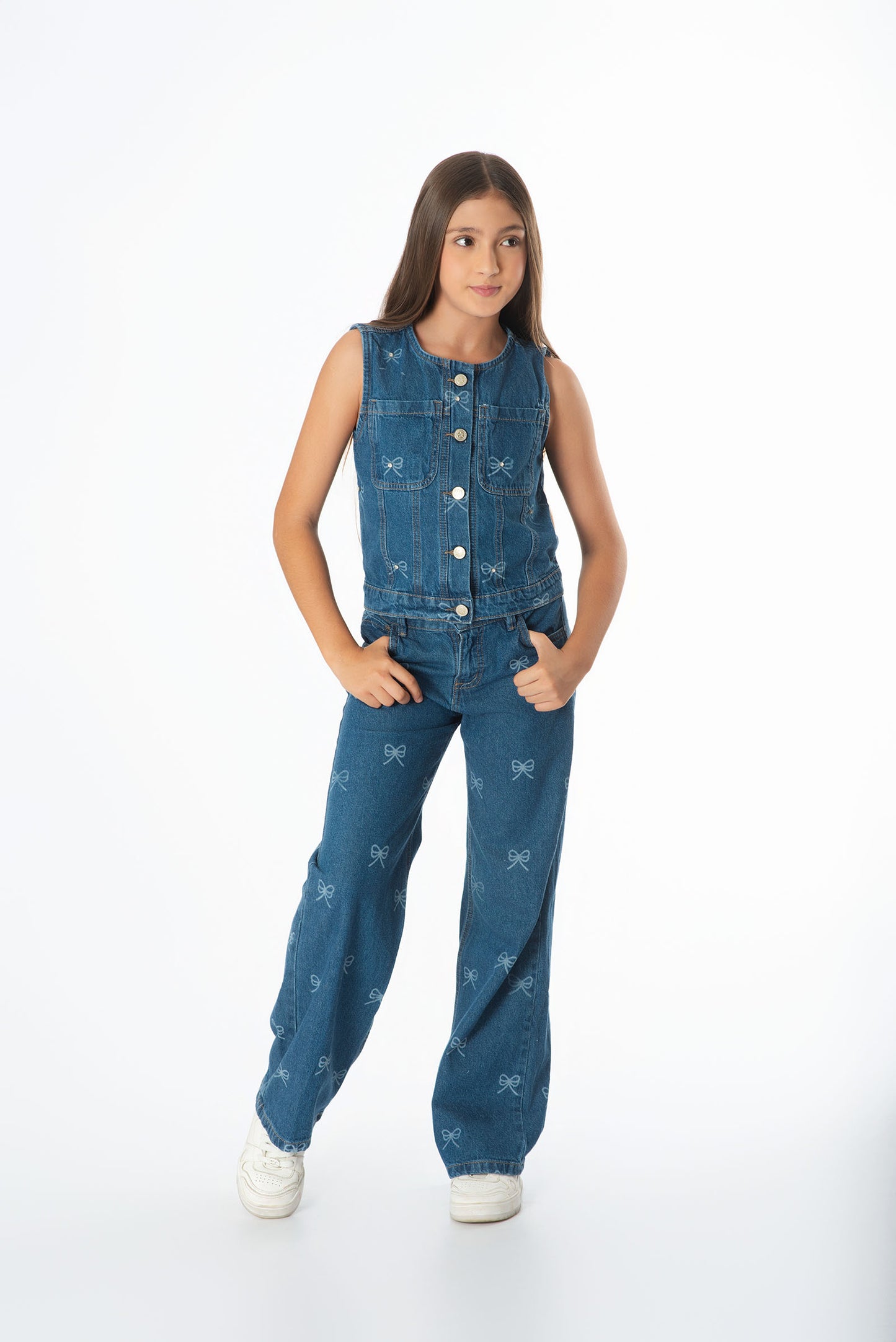 Conjunto Denim Moños Juvenil | Chaleco & Jeans Wide Leg