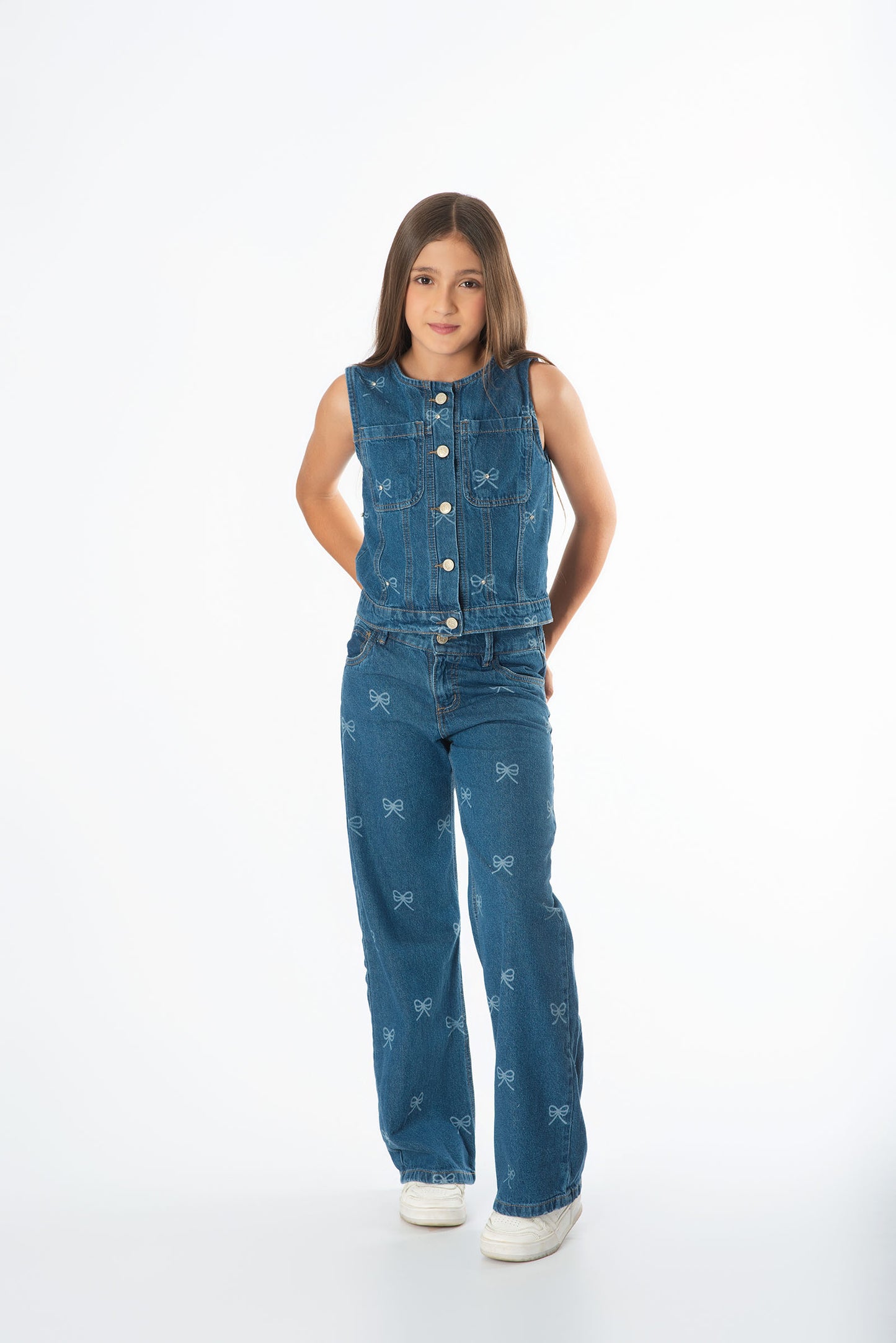 Conjunto Denim Moños Juvenil | Chaleco & Jeans Wide Leg
