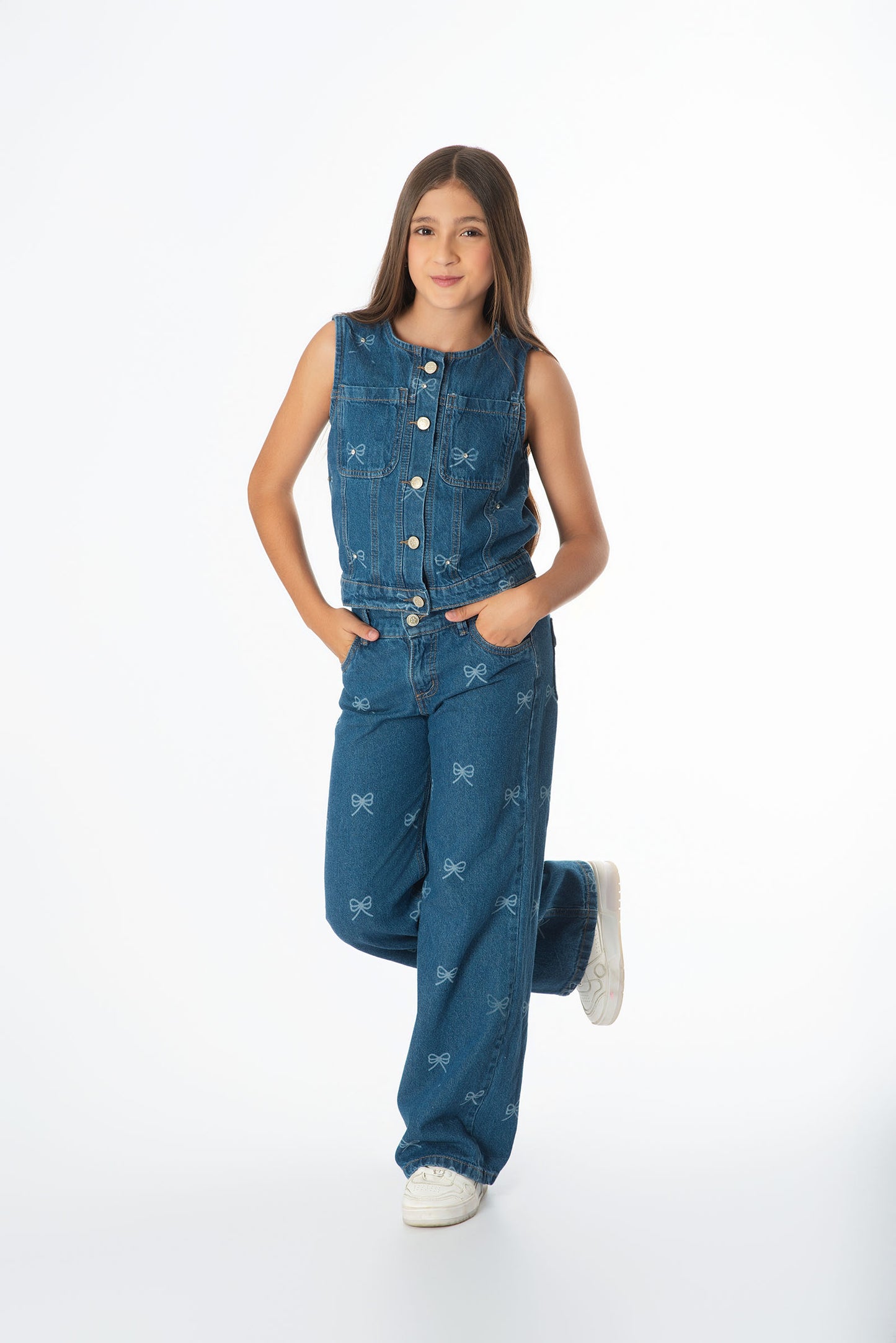 Conjunto Denim Moños Juvenil | Chaleco & Jeans Wide Leg