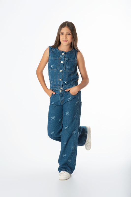 Conjunto Denim Moños Juvenil | Chaleco & Jeans Wide Leg