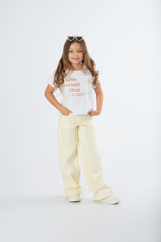 Conjunto Pantalón Wide Leg Perlas | Camiseta Flores y Lazo