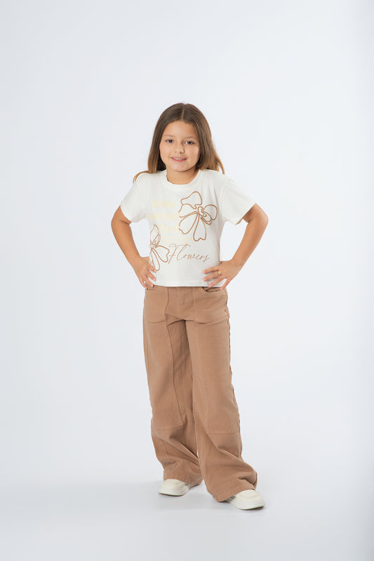 Conjunto Pantalón Wide Leg Perlas | Camiseta Flores y Lazo