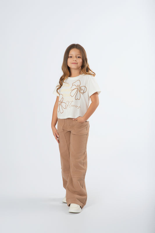 Conjunto Pantalón Wide Leg Perlas | Camiseta Flores y Lazo