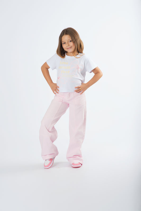 Conjunto Pantalón Wide Leg Perlas | Camiseta Flores y Lazo