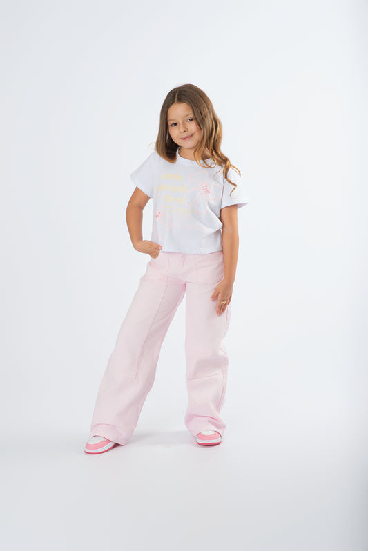 Conjunto Pantalón Wide Leg Perlas | Camiseta Flores y Lazo