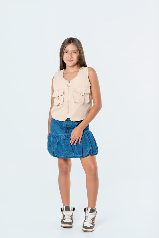 Conjunto falda globo denim + chaleco teen