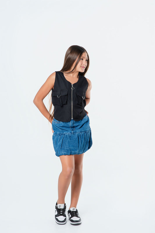 Conjunto falda globo denim + chaleco teen