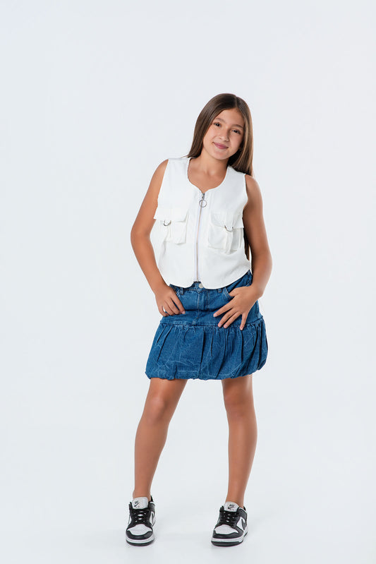Conjunto falda globo denim + chaleco teen