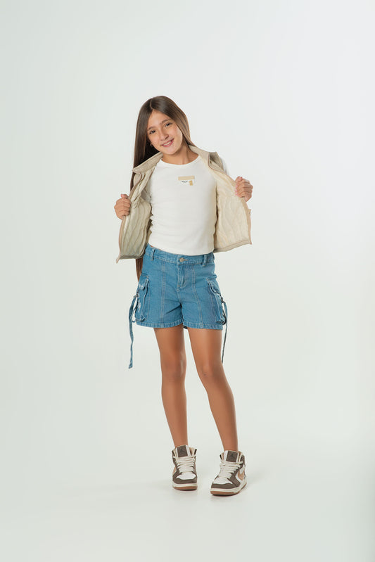 Set 3 Piezas Chaleco Acolchado | Short Denim y Blusa