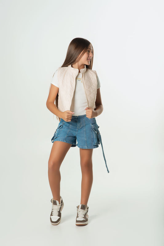 Set 3 Piezas Chaleco Acolchado | Short Denim y Blusa