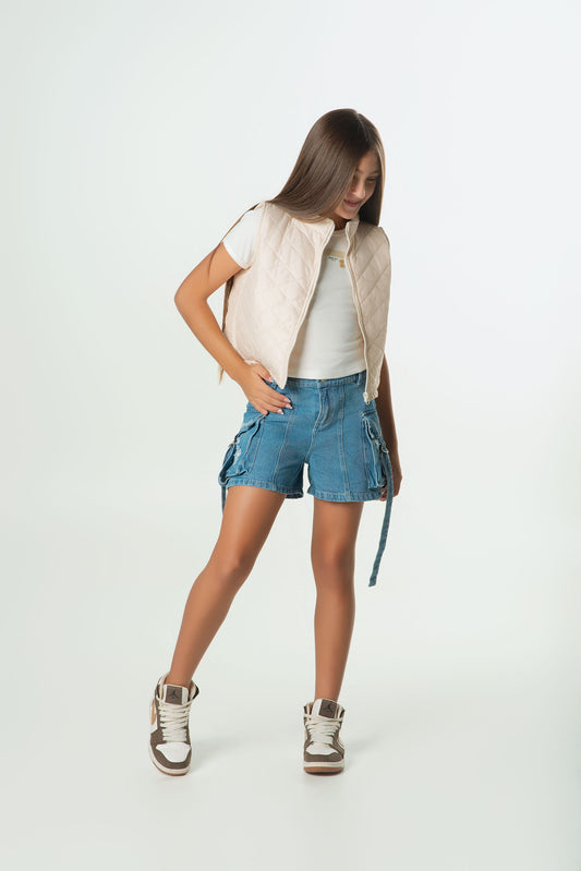 Set 3 Piezas Chaleco Acolchado | Short Denim y Blusa