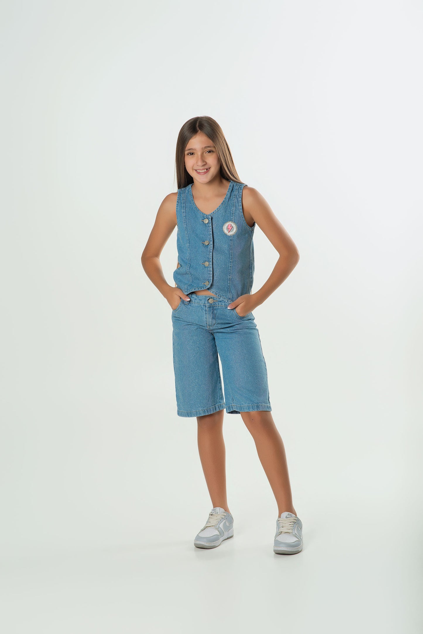Set Denim Mirellado | Chaleco y Bermuda en Jean Rígido Brillante