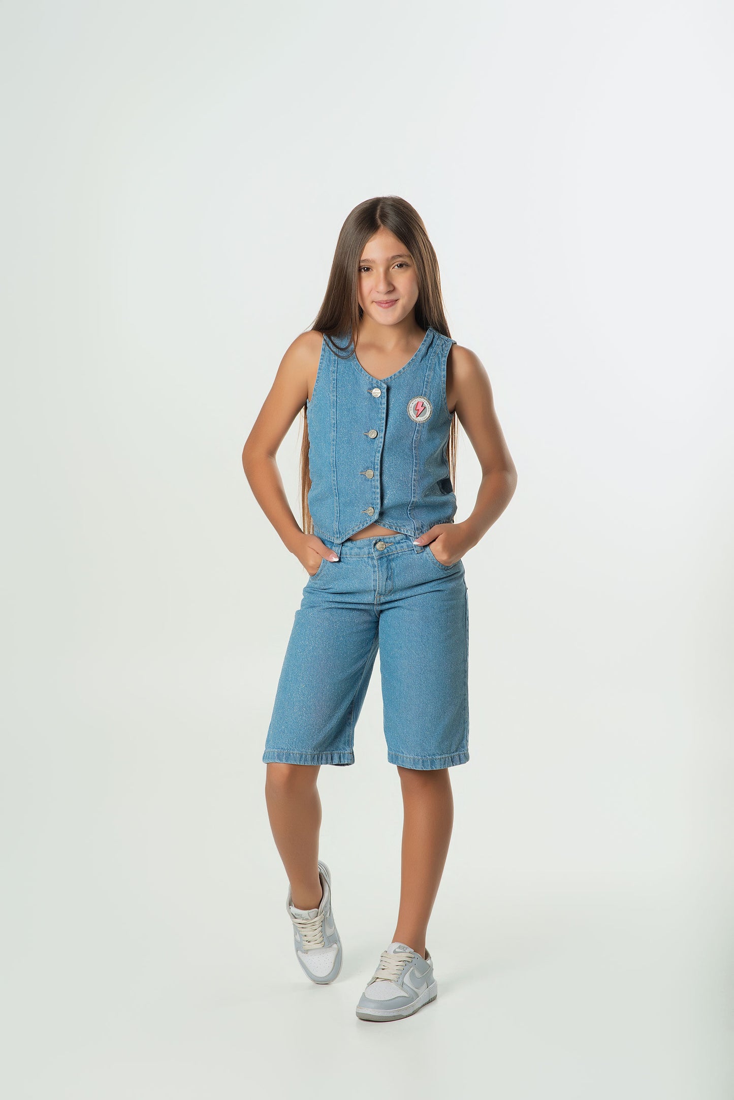 Set Denim Mirellado | Chaleco y Bermuda en Jean Rígido Brillante