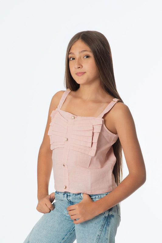 Blusa Lino Juvenil con Volantes y Sisa