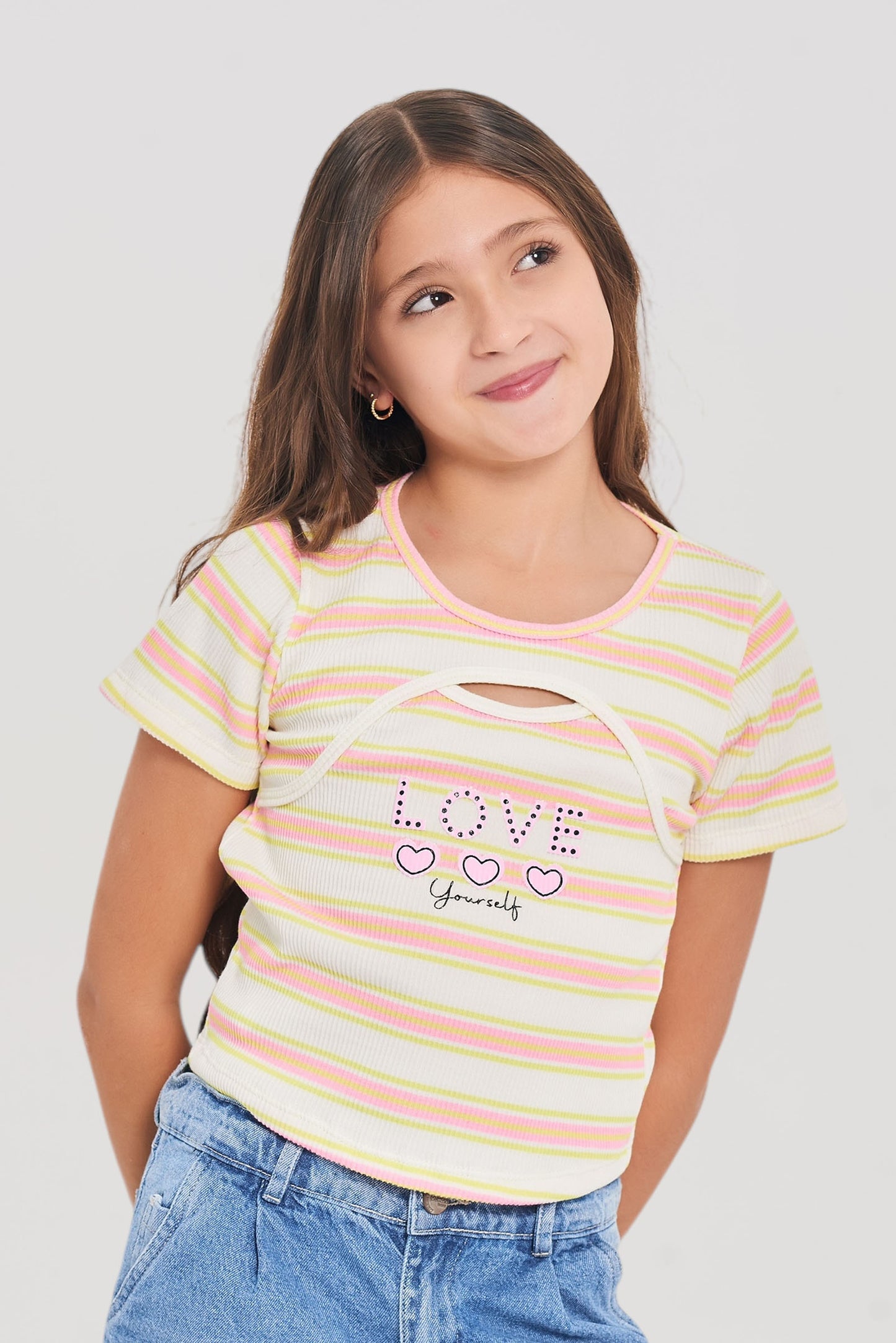 Camiseta Rib Rayas Juvenil | Crop Lila/Fucsia con Cut-Out