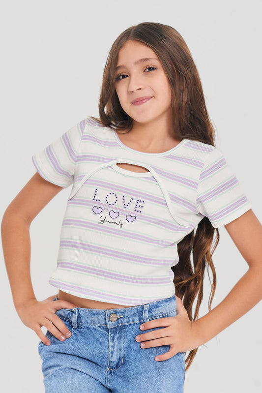 Camiseta Rib Rayas Juvenil | Crop Lila/Fucsia con Cut-Out