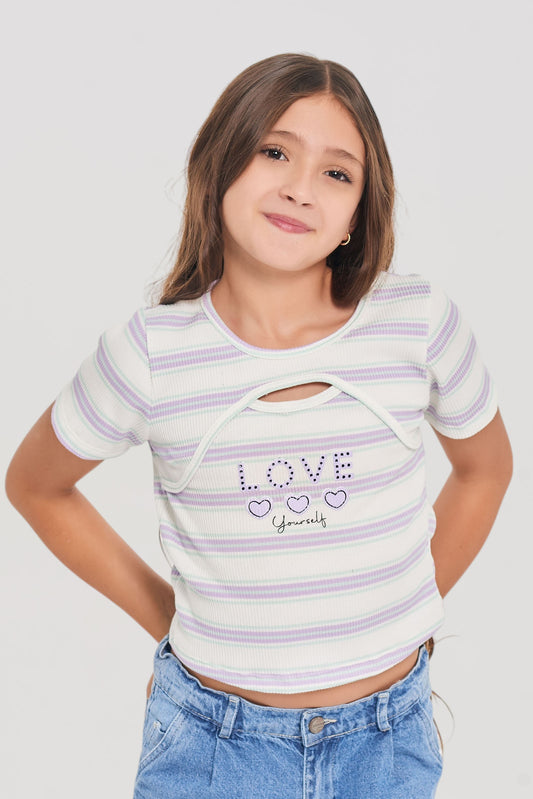 Camiseta Rib Rayas Juvenil | Crop Lila/Fucsia con Cut-Out