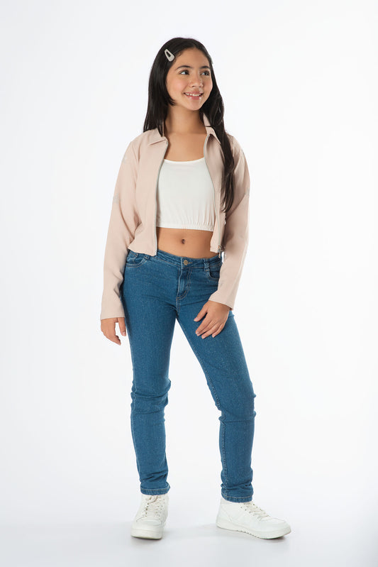 Conjunto jeans mirellado y blazer con estrellas