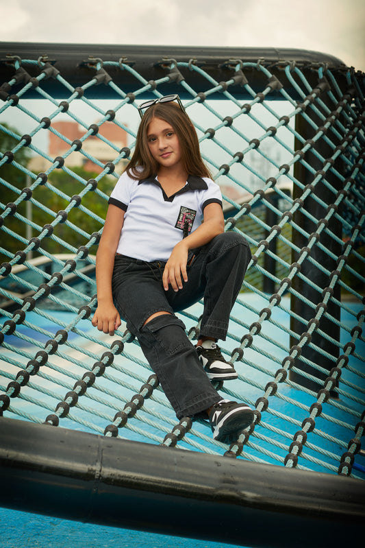 Set Jeans Negro Rotos + Blusa Polo Crop RIB | Estilo Urbano Juvenil