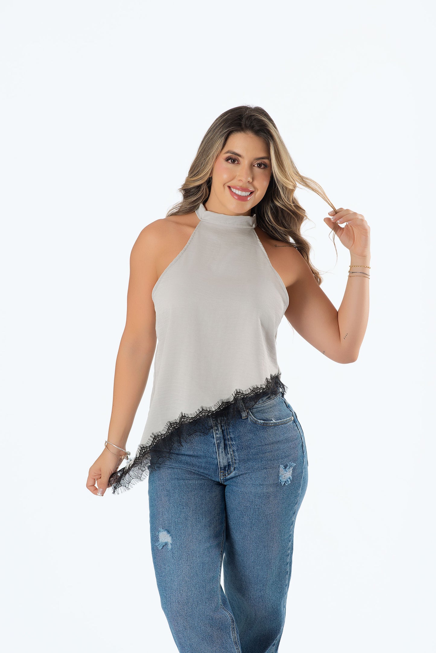 Blusa Diagonal con Franja en Satín