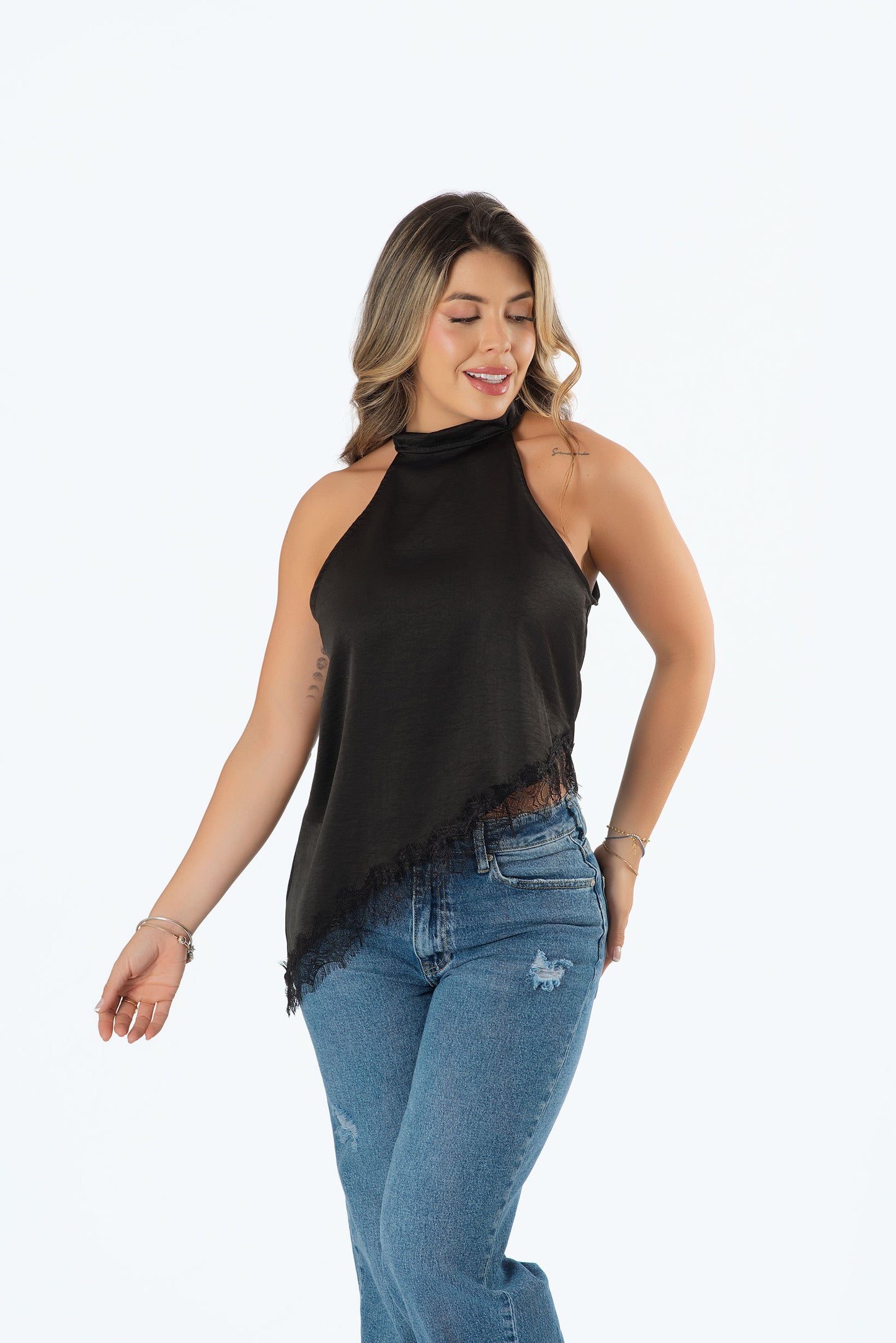 Blusa Diagonal con Franja en Satín