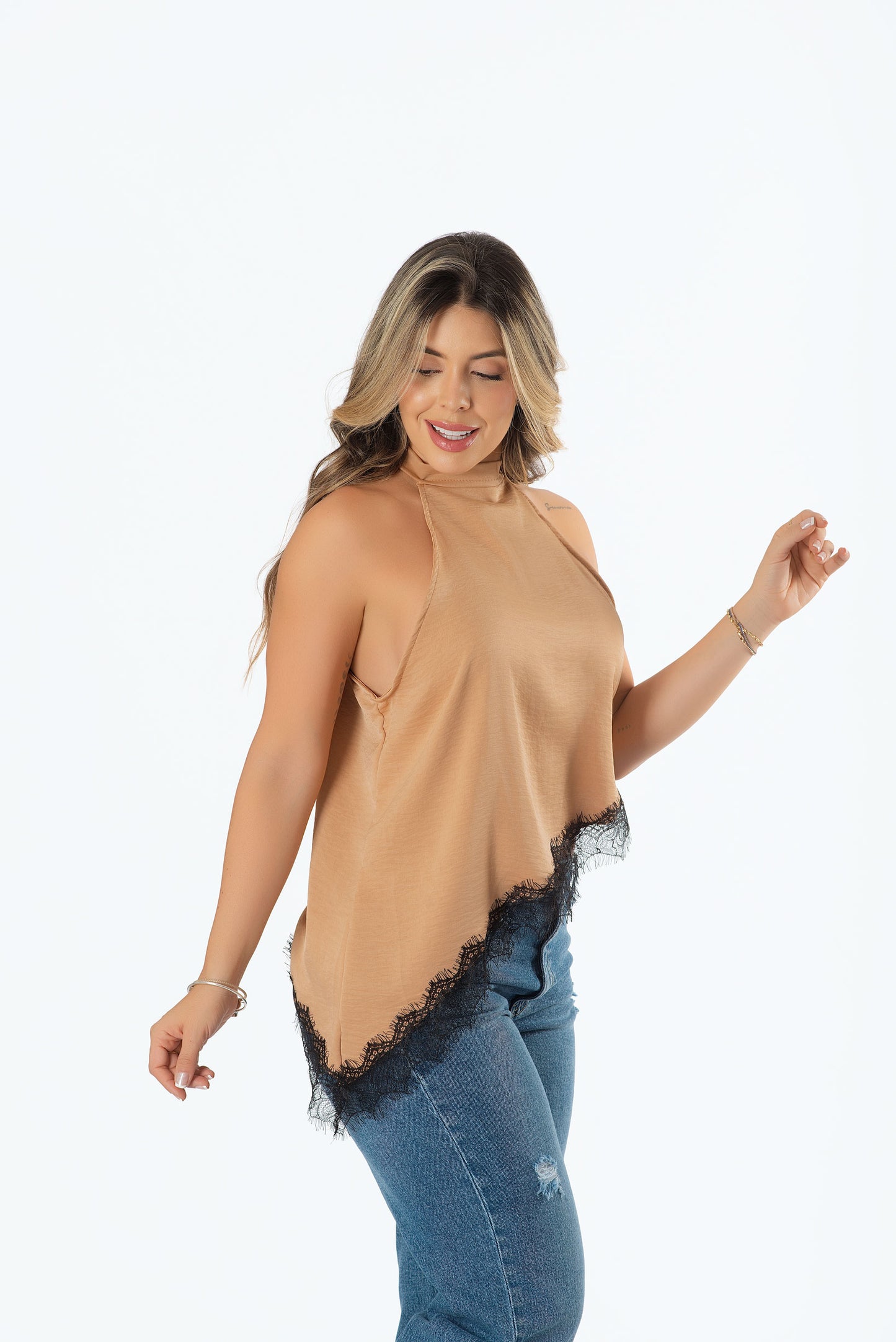 Blusa Diagonal con Franja en Satín