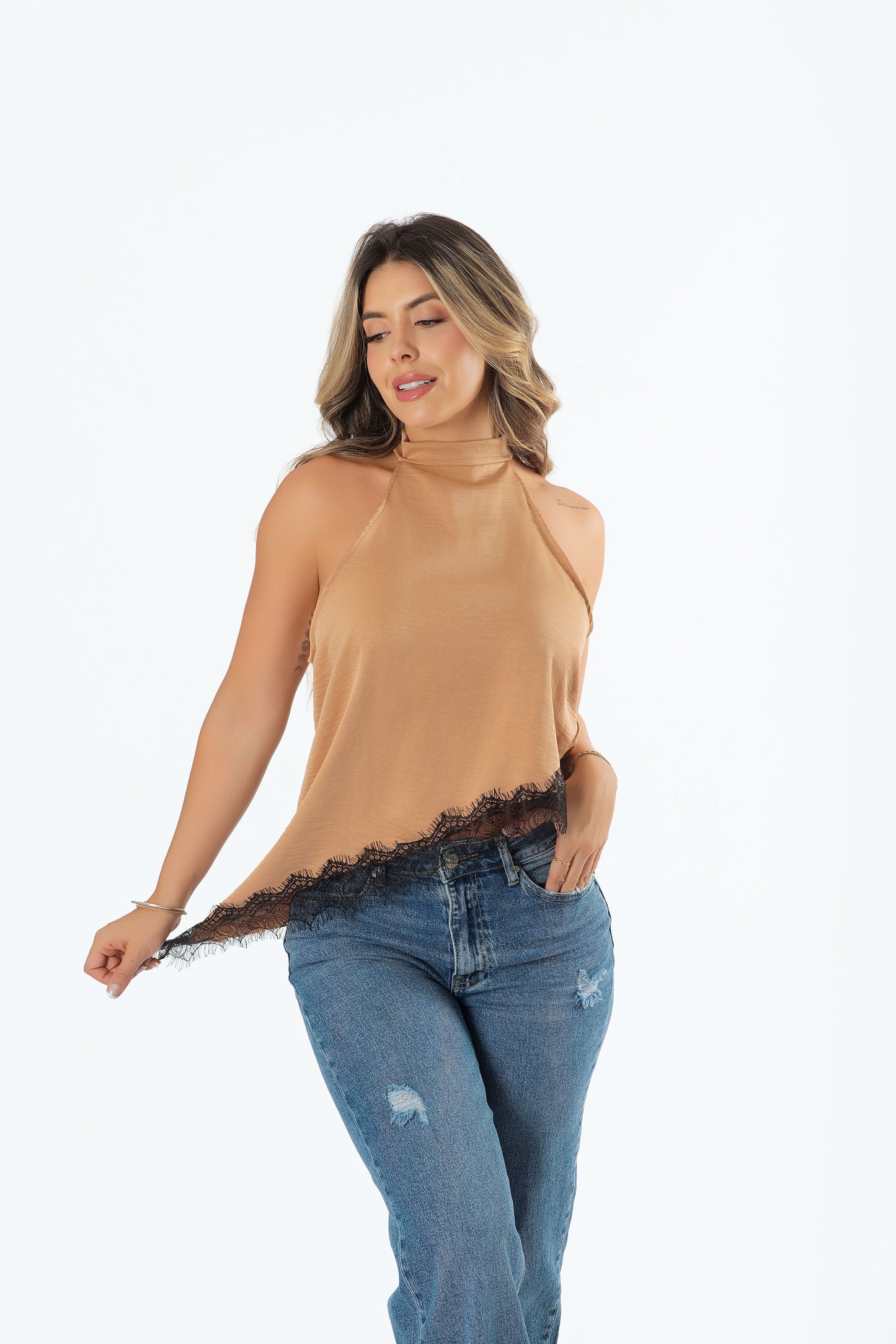 Blusa Diagonal con Franja en Satín