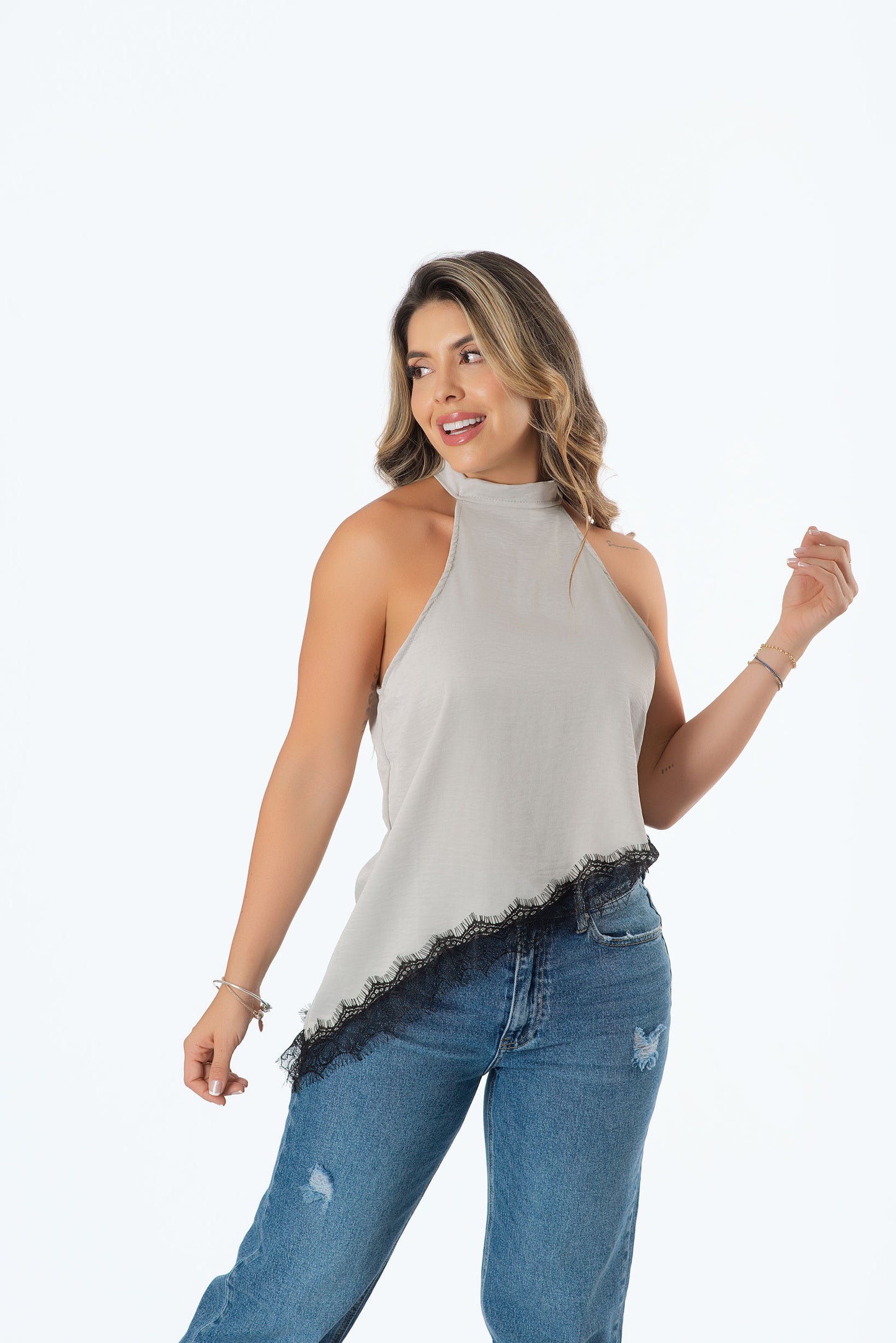 Blusa Diagonal con Franja en Satín