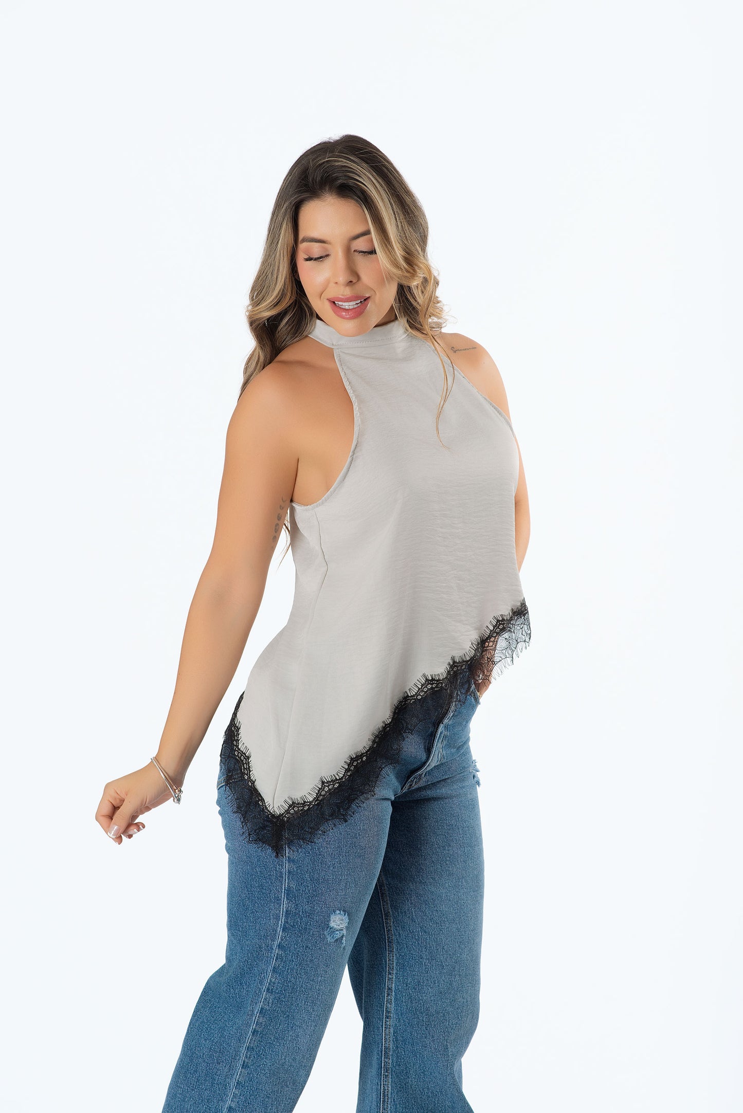 Blusa Diagonal con Franja en Satín